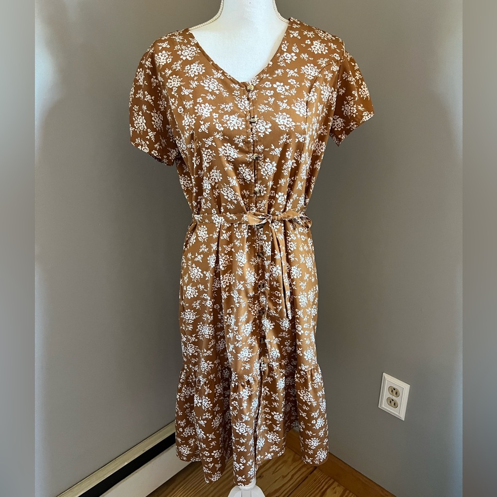 MPH Collection Full Button Up Floral Tiered Dress w/ belt